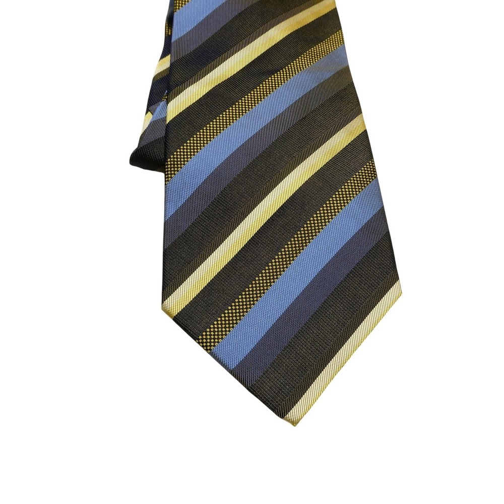 Foggia Tie Mens One Size Brown Blue Yellow Striped 100% Silk Handmade Woven